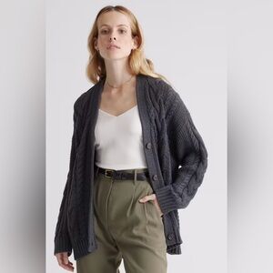 Quince 100% Organic Cotton Oversized Cable Knit Cardigan Charcoal Gray Medium